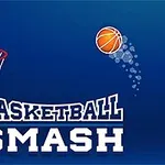 농구 골대와 공이 있는 파란색 배경에 BASKETBALL SMASH라는 글자가 쓰여 있음