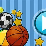 축구공, 농구공, 별, 그리고 재생 버튼이 파란 줄무늬 배경에 있는 이미지