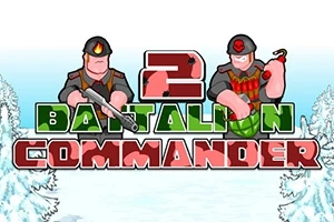 눈 덮인 배경 위에 두 군인이 각기 다른 무기를 들고 있는 삽화와 2 BATTALION COMMANDER라는 텍스트