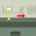 크림이 얹어진 맥주잔과 빨간 화살표가 바 형식의 배경 앞에 있으며, 오른쪽 끝에는 거리 300m가 표시되어 있습니다