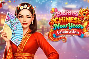 중국 전통 붉은 의상을 입고 꽃 장식 머리띠와 부채를 든 여성이 서 있고, 옆에 Besties Chinese New Year Celebration 글자와 용 장식이 있는 화려한 설날 테마 일러스트