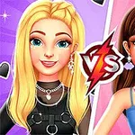금발의 여성이 검은 옷을 입고 있고, 갈색 머리의 여성이 파란 옷을 입고 있으며, 가운데에 VS 표시가 있음