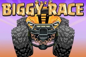거대한 바퀴와 체인이 있는 노란색 몬스터 트럭이 중앙에 위치해 있고, 위에 BIGGY RACE라는 글자가 적혀 있다