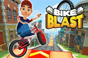 소년이 붉은 자전거를 타고 점프하는 모습과 함께 BIKE BLAST라는 텍스트가 도시 배경위에 있는 장면