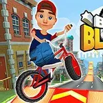소년이 붉은 자전거를 타고 점프하는 모습과 함께 BIKE BLAST라는 텍스트가 도시 배경위에 있는 장면