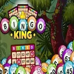 숲속 배경에 다양한 번호가 적힌 빙고 공들과 BINGO KING 텍스트가 중앙에 있는 이미지