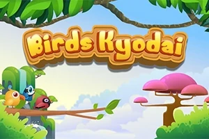 나무 위에 여러 마리의 만화 스타일 새들과 분홍색 나무가 있는 풍경