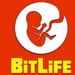 빨간 배경에 하얀 태아 실루엣과 노란색 글자로 BitLife라는 텍스트가 있는 이미지