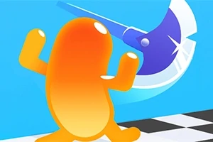 주황색 캐릭터가 파란 배경에서 검은색과 흰색 격자 무늬 바닥 위를 걷고 있으며, 커다란 파란 도끼가 휘두르고 있는 장면
