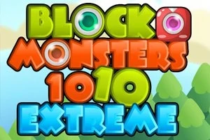 색색의 폰트로 BLOCK MONSTERS 1010 EXTREME라는 글자가 쓰여 있으며, 배경에는 만화 스타일의 나무들이 있다