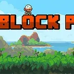 블록 글씨 BLOCK PILE와 작은 캐릭터가 있는 파란 하늘과 녹색 숲의 풍경