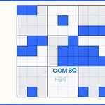 파란색과 회색 블록이 배열된 격자형 퍼즐 보드와 COMBO와 +64라는 글자가 표시된 화면