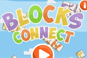 파스텔 색상의 BLOCKS CONNECT라는 글자가 하늘 배경 위에 떠 있고, 아래에는 재생 버튼이 있는 이미지