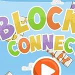 파스텔 색상의 BLOCKS CONNECT라는 글자가 하늘 배경 위에 떠 있고, 아래에는 재생 버튼이 있는 이미지