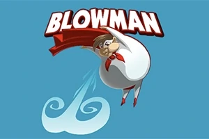 빨간 망토와 스카프를 두른 둥근 몸의 남성이 하늘을 날고 있는 모습과 BLOWMAN이라는 큰 글자가 있는 이미지