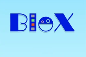 푸른 배경에 Blox라는 파란색 글자가 있으며, L 모양 안에는 다채로운 색의 사각형이 있고, O는 웃는 얼굴을 형상화하고 있다