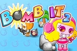 알록달록한 캐릭터들이 폭탄과 함께 서 있고, 배경에는 열대 나무가 있으며 BOMB IT 2라는 텍스트가 위에 있습니다