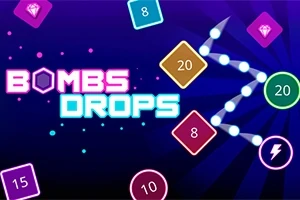 다양한 색상의 숫자 블록과 빛나는 선들, 그리고 BOMBS DROPS라는 텍스트가 있는 이미지