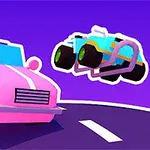 핑크색과 파란색 자동차가 보라색 배경 위를 떠다니는 모습