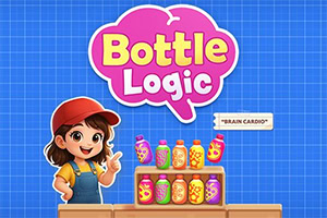 파란 격자 배경에 ‘Bottle Logic’ 로고, 빨간 모자를 쓴 소녀 캐릭터와 알록달록한 병 진열대가 보인다