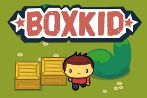 박스 두 개 옆에 서 있는 빨간 셔츠를 입은 귀여운 캐릭터와 BOXKID 로고
