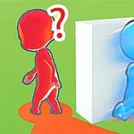 파란색 캐릭터가 벽 뒤로 숨고 있고, 빨간색 캐릭터가 물음표와 함께 벽 앞에 서 있는 장면