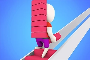 하얀 캐릭터가 분홍색 블록을 들고 계단을 오르는 모습