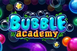 다양한 색상의 거품과 별 모양이 있는 Bubble Academy라는 텍스트 이미지
