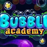 다양한 색상의 거품과 별 모양이 있는 Bubble Academy라는 텍스트 이미지