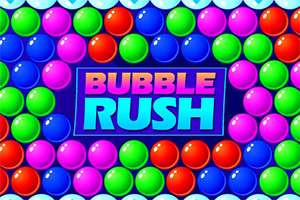 알록달록한 구슬들이 둘러싼 파란 배경 중앙에 BUBBLE RUSH 문구가 크게 보이는 그래픽