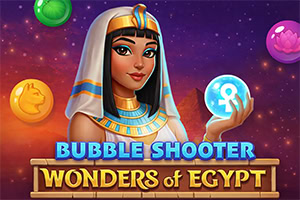 고대 이집트 여왕 복장의 여성이 빛나는 구슬을 들고 있고, 배경에 여러 색의 거품 구슬과 BUBBLE SHOOTER WONDERS OF EGYPT라는 제목이 있는 일러스트