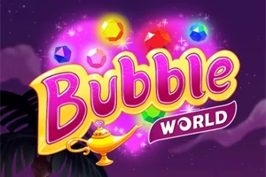 보라색 배경에 다양한 색상의 보석들과 함께 램프가 있는 Bubble World라는 텍스트가 중앙에 있는 이미지