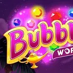 보라색 배경에 다양한 색상의 보석들과 함께 램프가 있는 Bubble World라는 텍스트가 중앙에 있는 이미지
