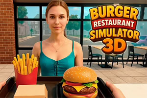 햄버거와 감자튀김이 놓인 쟁반을 든 여성과 식당 내부, 오른쪽의 큰 BURGER RESTAURANT SIMULATOR 3D 글자