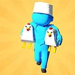 파란색 캐릭터가 두 마리의 닭을 양손에 들고 있는 모습