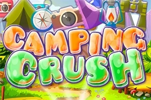 알록달록한 텍스트로 CAMPING CRUSH가 중앙에 있고, 그 뒤로 카메라와 캠핑용품이 그려진 배경