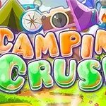 알록달록한 텍스트로 CAMPING CRUSH가 중앙에 있고, 그 뒤로 카메라와 캠핑용품이 그려진 배경