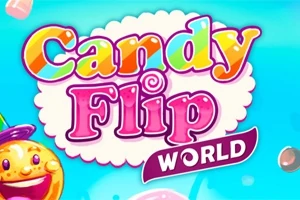 파란 하늘 배경에 알록달록한 글씨로 Candy Flip World라고 적힌 로고와 웃고 있는 캐릭터