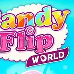 파란 하늘 배경에 알록달록한 글씨로 Candy Flip World라고 적힌 로고와 웃고 있는 캐릭터