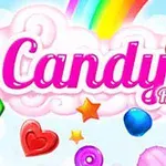 구름 배경에 Candy Rain 글자가 있고, 무지개와 다양한 모양의 사탕과 별, 나비가 흩어져 있는 장면