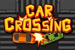 CAR CROSSING이라는 글자와 두 대의 자동차가 충돌하는 이미지