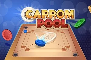 카롬 보드 위에서 다양한 색상의 원형 조각들이 흩어져 있고 CARROM POOL이라는 글자가 위에 쓰여져 있습니다