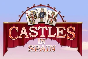 빨간 커튼 위에 놓인 왕, 여왕, 잭 카드와 함께 CASTLES IN SPAIN이라는 글자가 있는 이미지
