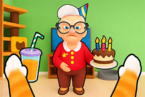 초가 꽂힌 생일 케이크와 음료 앞에 빨간 옷을 입은 할머니 캐릭터가 서 있는 귀여운 일러스트