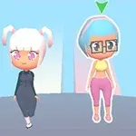 두 명의 만화 스타일 캐릭터가 푸른 하늘 배경으로, 한 명은 흰색 트윈 테일 헤어와 검정 드레스를 입었고, 다른 한 명은 파란색 단발 머리와 안경, 노란색 상의 및 분홍색 바지를 착용하고 있으며, 머리 위에 녹색 화살표가 있다
