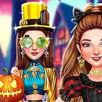 두 소녀가 화려한 의상과 액세서리를 착용하고 있으며, 한 소녀는 모자와 렌즈 모양의 안경을 쓰고 하단에 할로윈 호박이 있는 장면