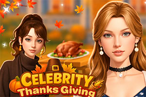 가을 단풍과 칠면조 요리 앞에 선 두 여성, ‘CELEBRITY Thanksgiving’ 문구가 있는 추수감사절 테마 일러스트