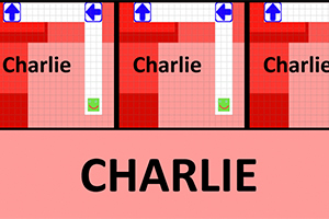 세 개의 빨간색 격자 배경에 Charlie라는 글자가 반복적으로 표시되어 있으며, 위에는 방향을 나타내는 파란색 화살표가 있다