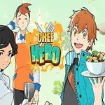 세 명의 애니메이션 스타일 캐릭터가 요리 도구를 들고 활기찬 표정을 지으며 중앙에 있는 Chef Hero 로고를 배경으로 포즈를 취하고 있다