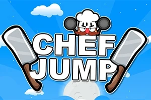 파란 하늘 배경에 요리사 모자와 프라이팬을 든 캐릭터, CHEF JUMP 글자, 두 개의 큰 칼이 있는 이미지